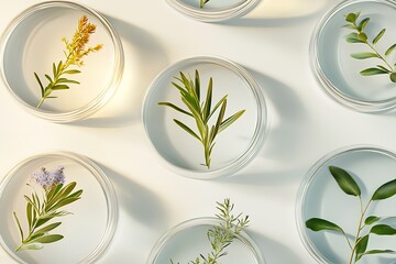Stunning arrangement of aromatic plants presented in transparent petri dishes for aesthetic appeal and scientific exploration : Generative AI