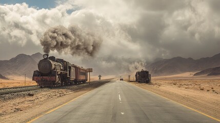Fototapeta premium Old Steam Train on Desert Road with Merging Clouds and Mountains