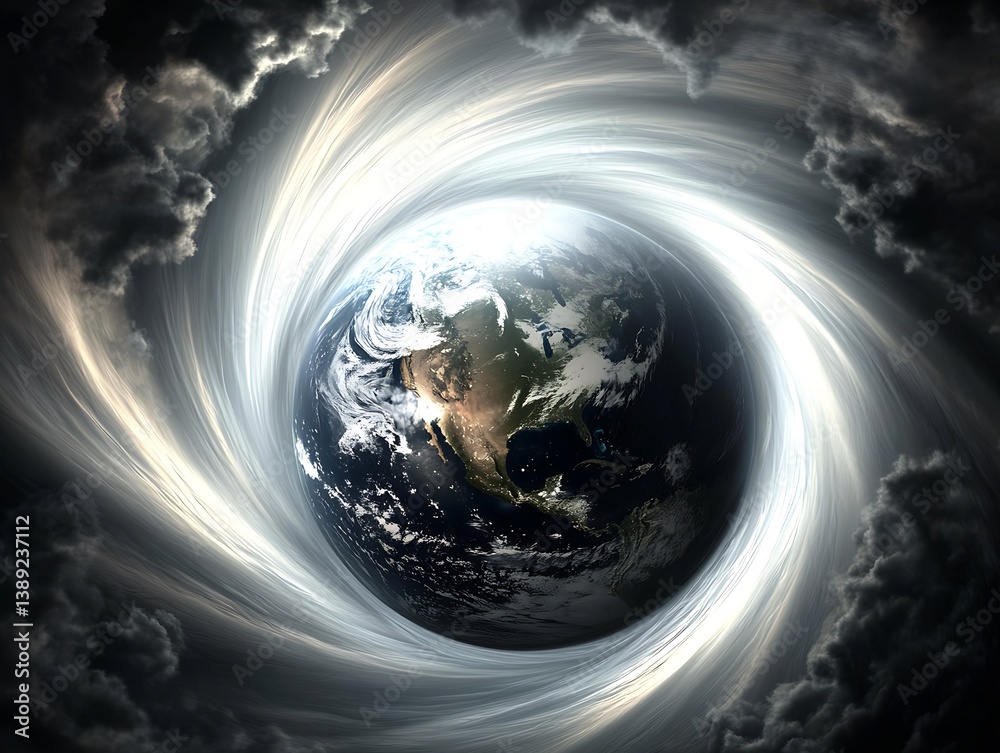 Poster Vivid representation of Earth surrounded by swirling clouds and light in a cosmic vortex phenomenon : Generative AI