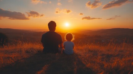 Obraz premium Father and child sit together, watching the sunset over distant hills