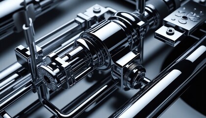 Complex Chrome Machine Part Close Up Shiny Steel Tubing And Components