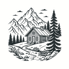 Fototapeta premium Retro Vintage Style Cabin, Mountain, and Pine Tree Line Art T-Shirt Design