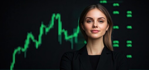 Green stock market chart with businessman in industry concept. Confident businesswoman against a financial graph background.