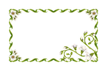 Watercolor floral frame with wavy green leaves, white flowers. Botanical watercolor horizontal template. Perfect for wedding invites, botanical prints, eco branding or spring-themed stationery