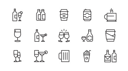 Drinks line icon set. Alcohol, cocktails, champagne, energy, coffee, tea, whiskey, wine, glasses, beer, bar outline icon collection. UI thin outline icon pack
