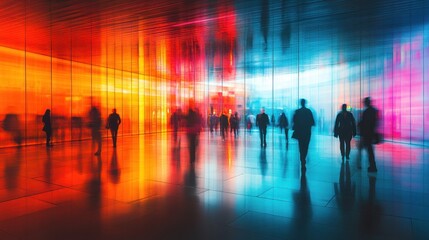 Blurry silhouettes of people in a vibrant modern space