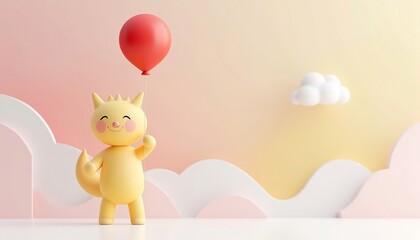 Cute Cartoon Character Holding Balloon Illustration On Pastel Background