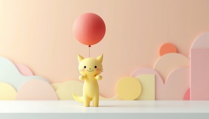 Cute Yellow Cat Holding A Red Balloon In A Pastel Colored Scene