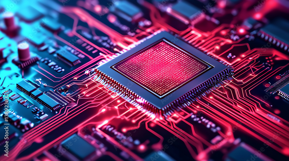 Aufkleber detailed view of a computer chip on a circuit board, showcasing intricate designs and vibrant colors