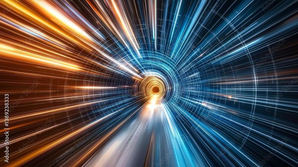 Poster dynamic abstract representation of high-speed data transfer in vibrant blue and orange tones, depict