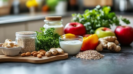 Healthy assortment of fruits and vegetables laid out on a kitchen countertop for nutritious meal ideas : Generative AI