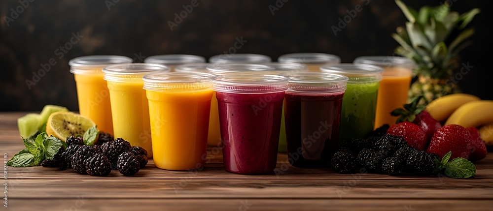 Aufkleber colorful array of healthy fruit smoothies in cups with fresh ingredients and garnishes on display : 