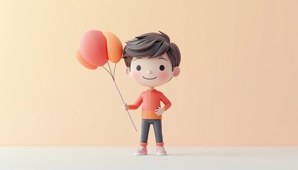 3D Render Of Boy Holding Balloons On A Soft Pastel Background