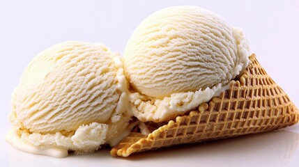 Vanilla ice cream, two scoops with cone. Close-up, dripping treat