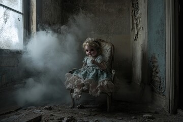 A ghostly mist surrounding a doll in the middle of a decayed room