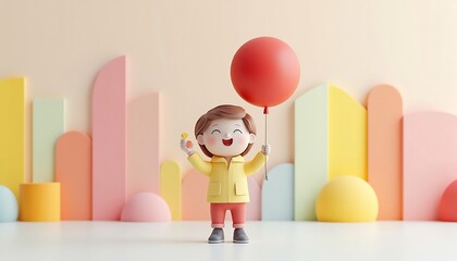 Cheerful Cartoon Girl Holding A Balloon With Colorful Geometric Shapes In The Background