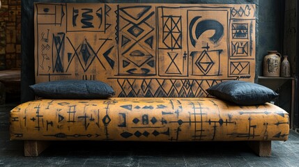 Tribal-patterned couch, studio, interior design, artwork background
