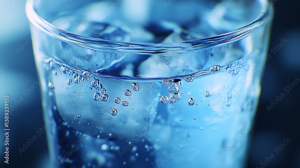 Poster detailed view of effervescent water in a chilled glass with ice chunks and sparkling bubbles for hyd