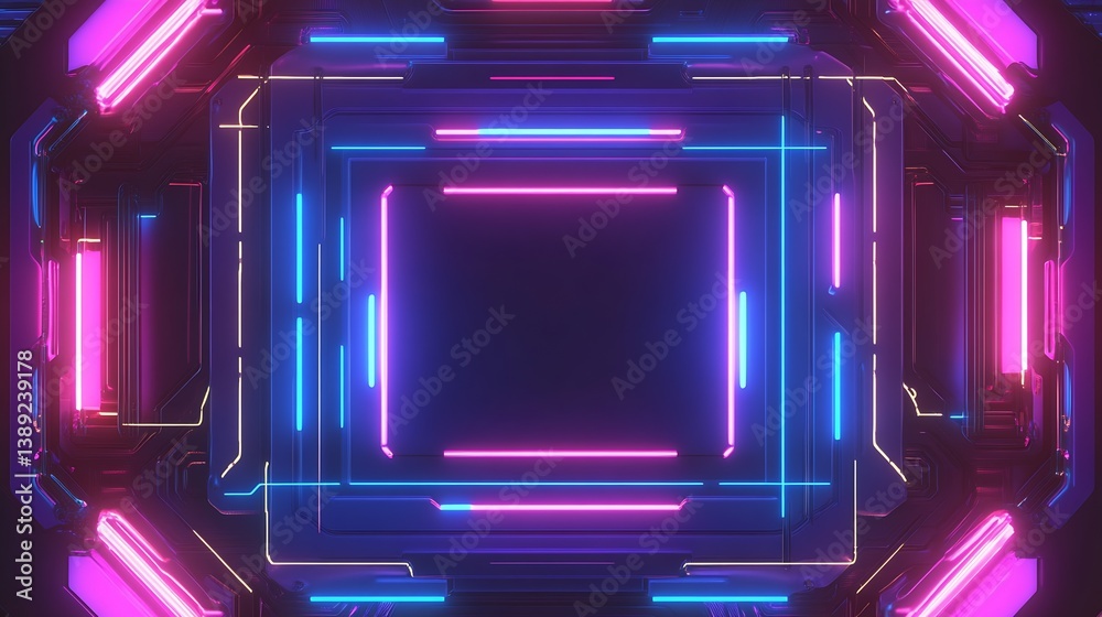 Poster Illuminated geometric frame with vibrant neon colors creating a modern digital aesthetic : Generative AI