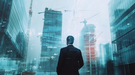 Businessman Overlooking Active Construction Site in Urban Environment