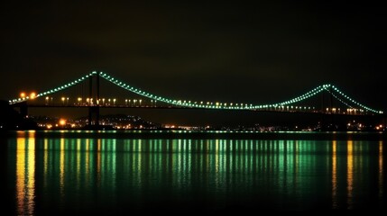 Fototapeta premium Illuminated Suspension Bridge at Night Reflecting on Water Surface