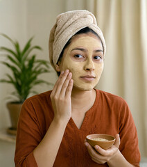 Woman applying multani mitti face pack – home Ayurvedic skincare