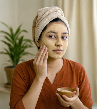 Woman applying multani mitti face pack &ndash; home Ayurvedic skincare