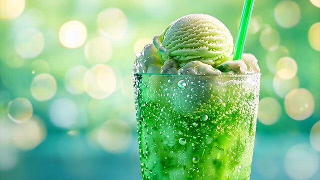 Refreshing green ice cream soda with condensation