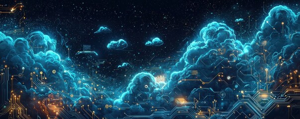 Futuristic digital art depicting cloud computing and advanced technology