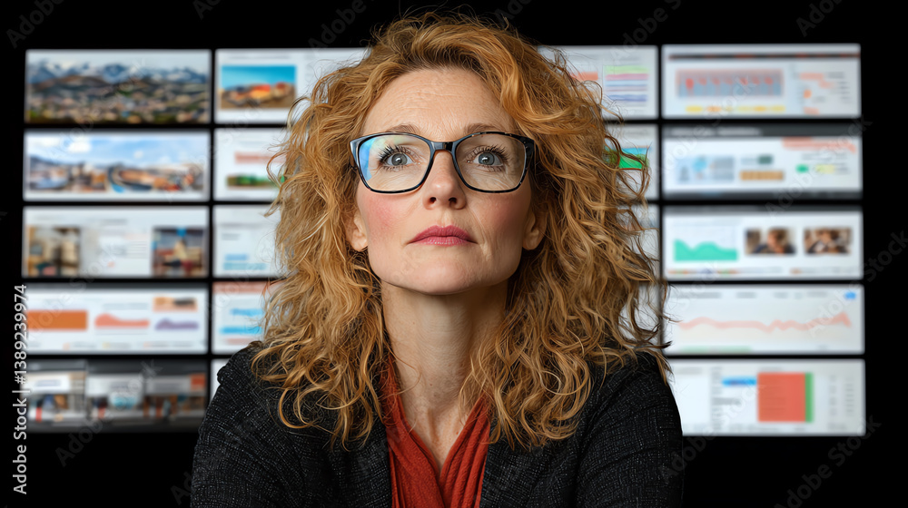 Poster focused businesswoman analyzing data on multiple screens, showcasing modern workplace and technology