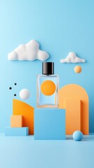 Perfume bottle on colorful geometric podiums