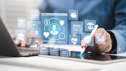 Employee benefits concept. Compensation or benefits health care, insurance, vacation, financial...