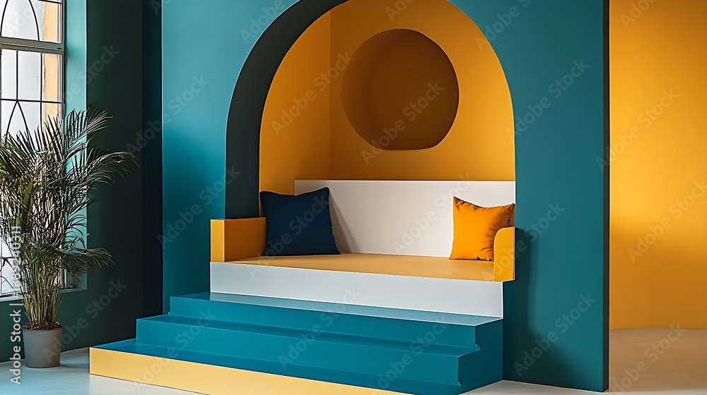 Poster stylish seating area with bold arch shapes and rich color contrast in a modern room : generative ai