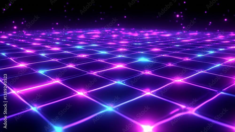 Poster Vibrant Neon Grid Background with Sparkling Lights in Blue and Pink Gradient Design : Generative AI