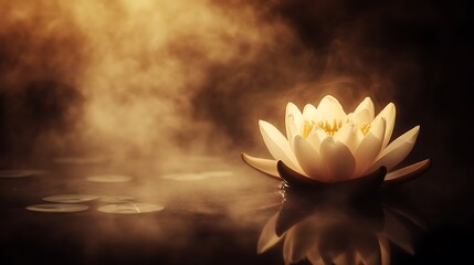 A beautiful glowing lotus flower floating on dark water