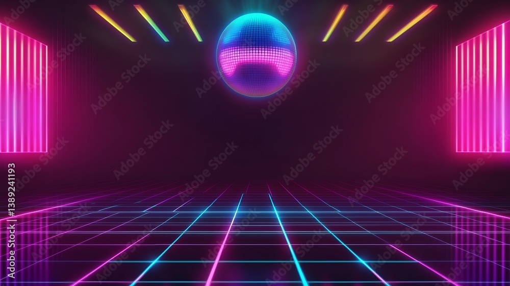 Poster vibrant neon dance floor with shimmering disco ball and stripe lights for party atmosphere : generat