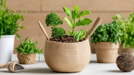 Fresh herb pots showcasing vibrant greenery, perfect for culinary use or decoration, enhancing home aesthetics with natural beauty.