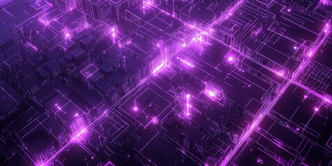 Fototapeta premium Futuristic Smart City: AI-Controlled Network with Synchronized Streetlights, Drone Matrix, and Data-Streaming Buildings. Low-Poly 3D Aerial View of Urban IoT Ecosystem for Innovative Tech Design.