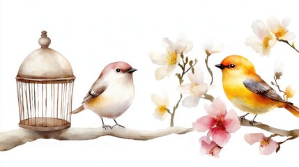 A pair of delicate songbirds perch on branches near an ornate vintage style birdcage surrounded by the soft pink and yellow blooms of spring flowers against a serene white background