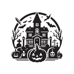 Spooky Halloween house with bats and pumpkins under a full moon, haunted castle silhouette in a dark autumn town