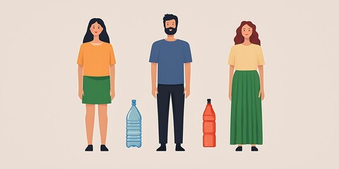 Three individuals stand beside colored plastic bottles, highlighting environmental awareness and recycling.