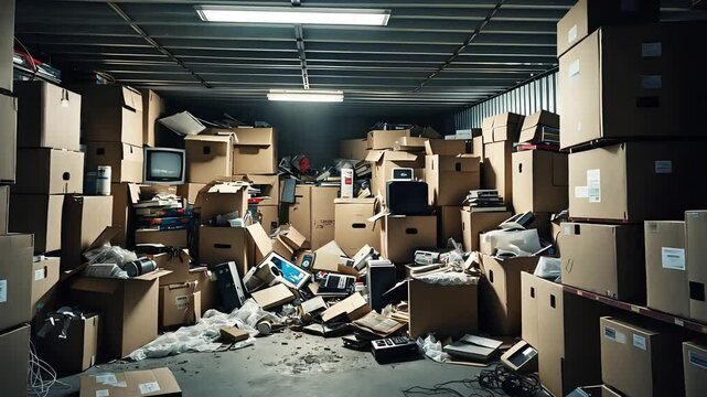 Cluttered storage room with cardboard boxes, old electronics, and scattered items in a dimly lit space

