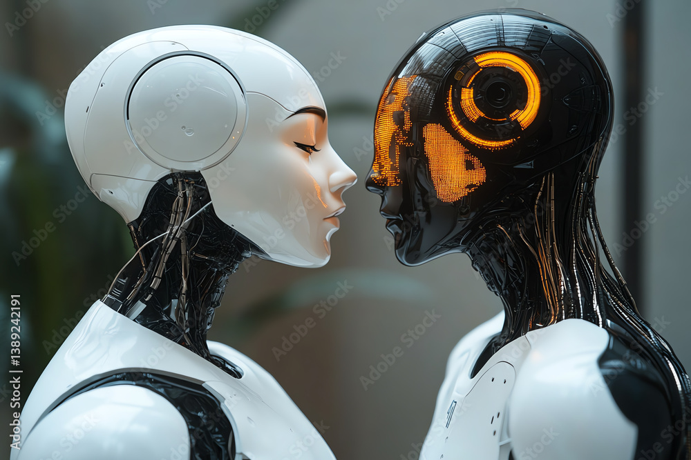 Poster futuristic humanoid robots in a close encounter, showcasing advanced artificial intelligence and emo