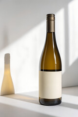 Elegant Wine Bottle With Blank Label Standing on Pure White Background Illuminated by Soft Light