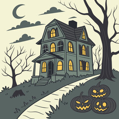 halloween background with house and pumpkin Haunted House with Glowing Jack-o'-Lanterns – Spooky Halloween Vector Design