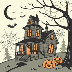 halloween background with house and pumpkin Haunted House with Glowing Jack-o'-Lanterns – Spooky Halloween Vector Design