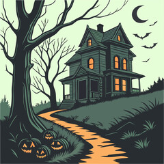 halloween background with house and pumpkin Haunted House with Glowing Jack-o'-Lanterns &ndash; Spooky Halloween Vector Design