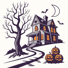halloween background with house and pumpkin Haunted House with Glowing Jack-o'-Lanterns – Spooky Halloween Vector Design