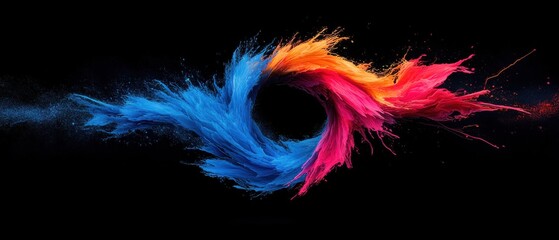 Fototapeta premium Abstract colorful powder explosion on black background, vibrant holi paint swirling in a dynamic circular motion, creating a mesmerizing artistic effect