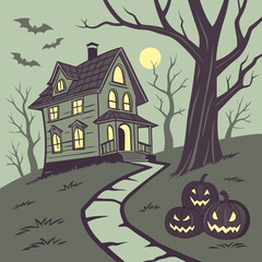 halloween background with house and pumpkin Haunted House with Glowing Jack-o'-Lanterns – Spooky Halloween Vector Design